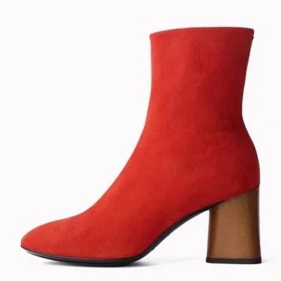 $575 RAG & BONE Fei Ankle Boot SUEDE RED FLARED BLOCK HEEL SOCK 38 (DC11) - Picture 1 of 8